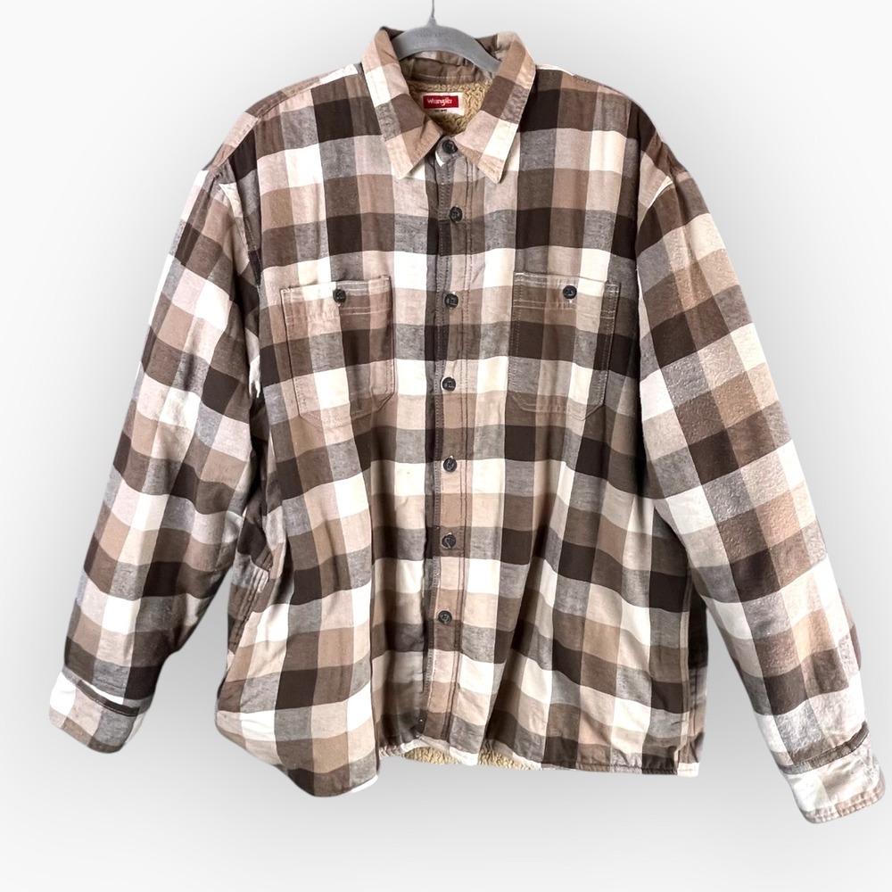 Wrangler Mens XL Sherpa Lined Flannel Shirt Jacket Brown Tan Plaid